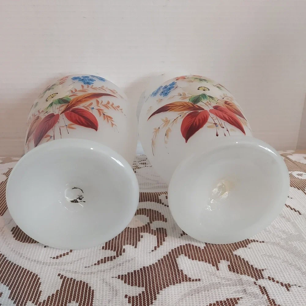 Vintage Bristol Satin Milk Glass Floral Vases Set of 2 Hand Painted Gold Trim 9